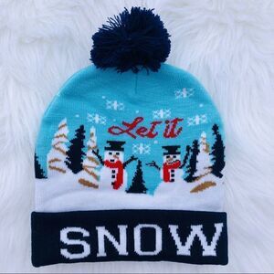 Festive 'Let it Snow' Winter Beanie Hat‎ with Pom Pom Snowman Scene